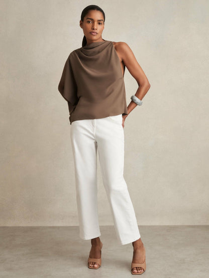 One-Shoulder Draped Top in Mink | Reiss Women Signature