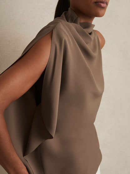 One-Shoulder Draped Top in Mink | Reiss Women Signature