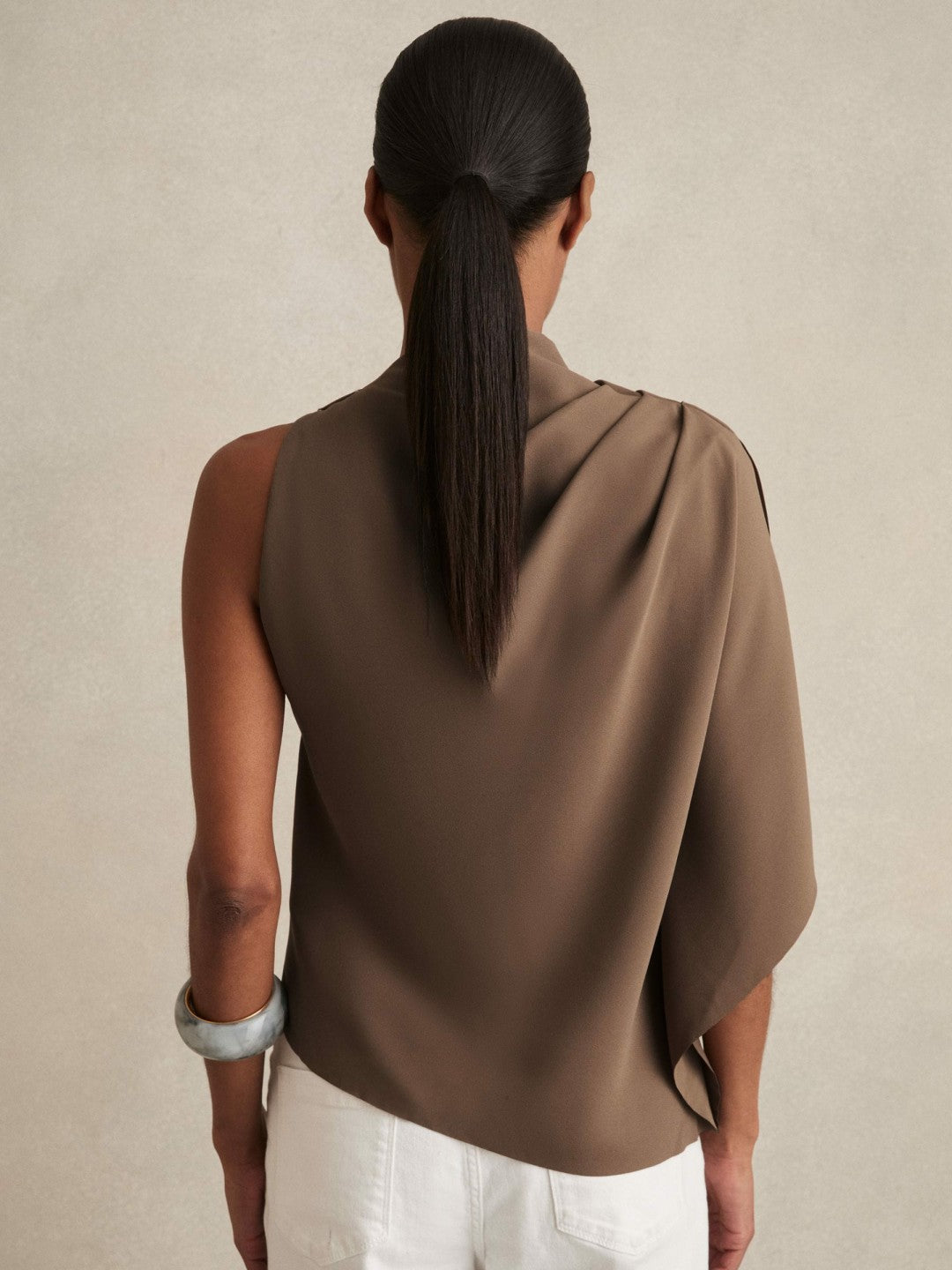 One-Shoulder Draped Top in Mink | Reiss Women Signature