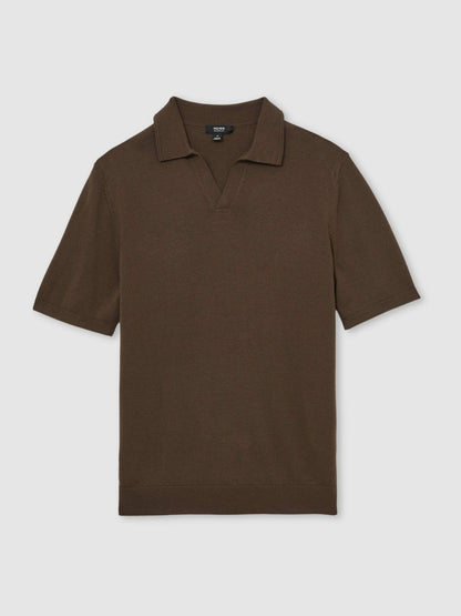 Merino Wool Open Collar Polo Shirt in Chocolate Brown | Reiss Men Premium