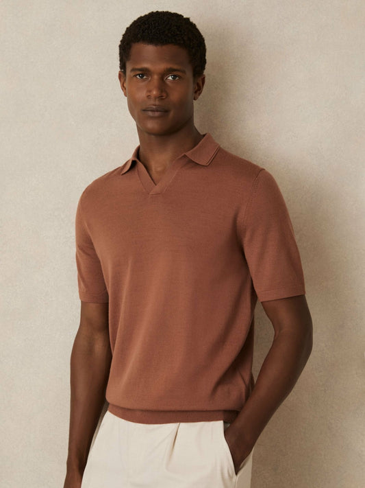 Merino Wool Open Collar Polo Shirt in Cinnamon Brown | Reiss Men Signature