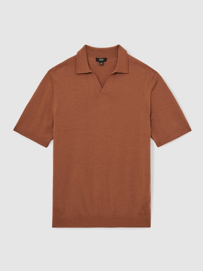 Merino Wool Open Collar Polo Shirt in Cinnamon Brown | Reiss Men Signature