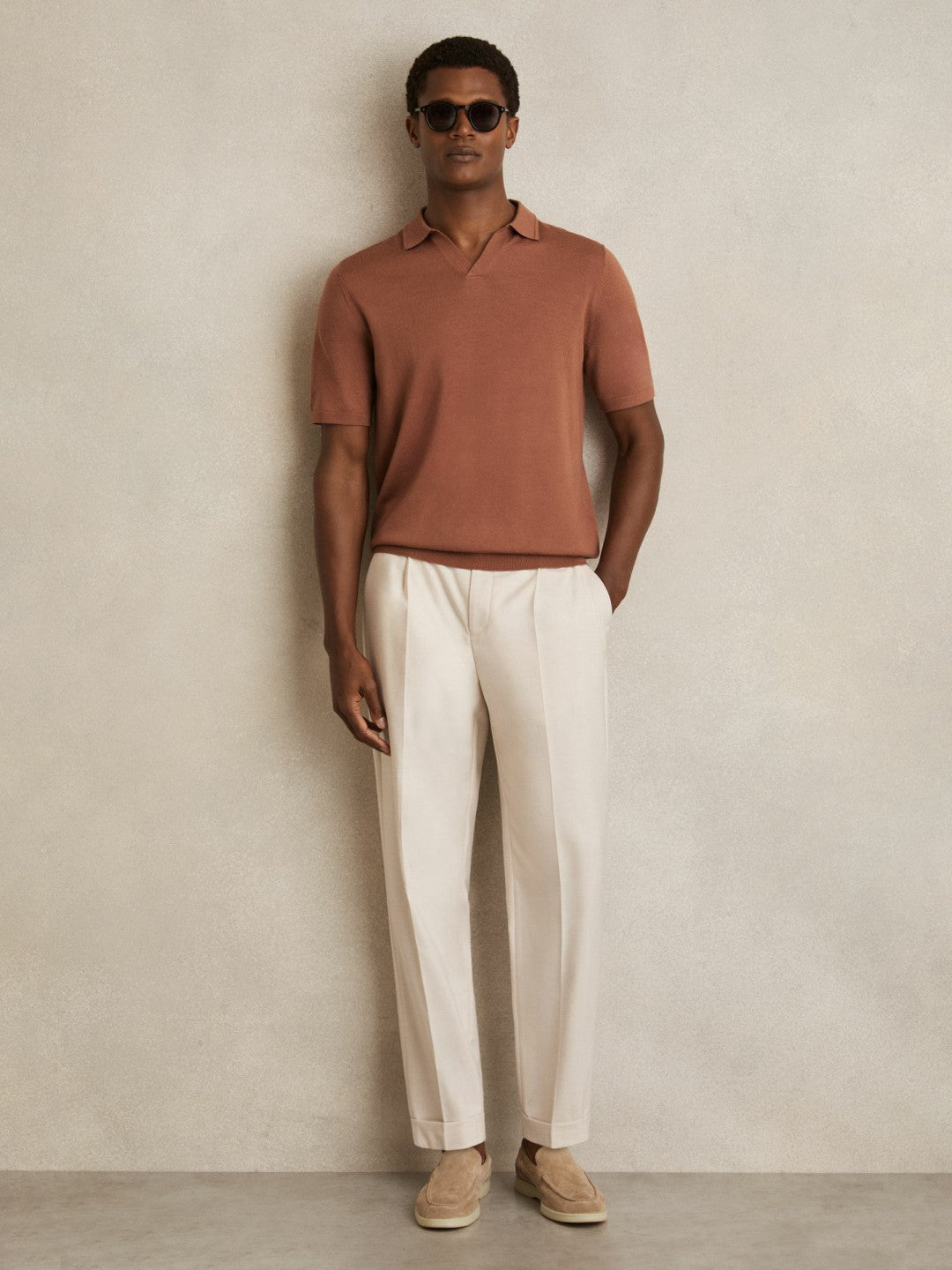 Merino Wool Open Collar Polo Shirt in Cinnamon Brown | Reiss Men Signature