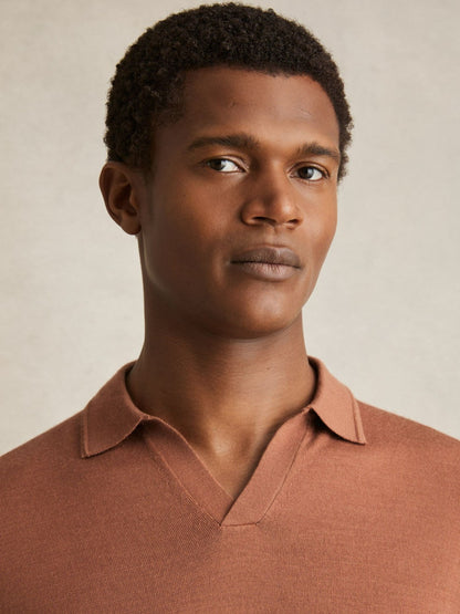 Merino Wool Open Collar Polo Shirt in Cinnamon Brown | Reiss Men Signature