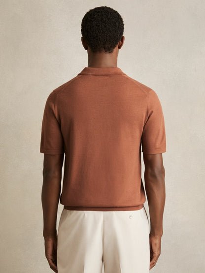 Merino Wool Open Collar Polo Shirt in Cinnamon Brown | Reiss Men Signature