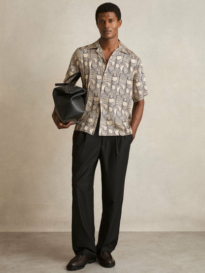 Wave Print Cuban Collar Shirt in Off White/Navy | Reiss Men New