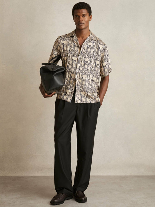 Wave Print Cuban Collar Shirt in Off White/Navy | Reiss Men New