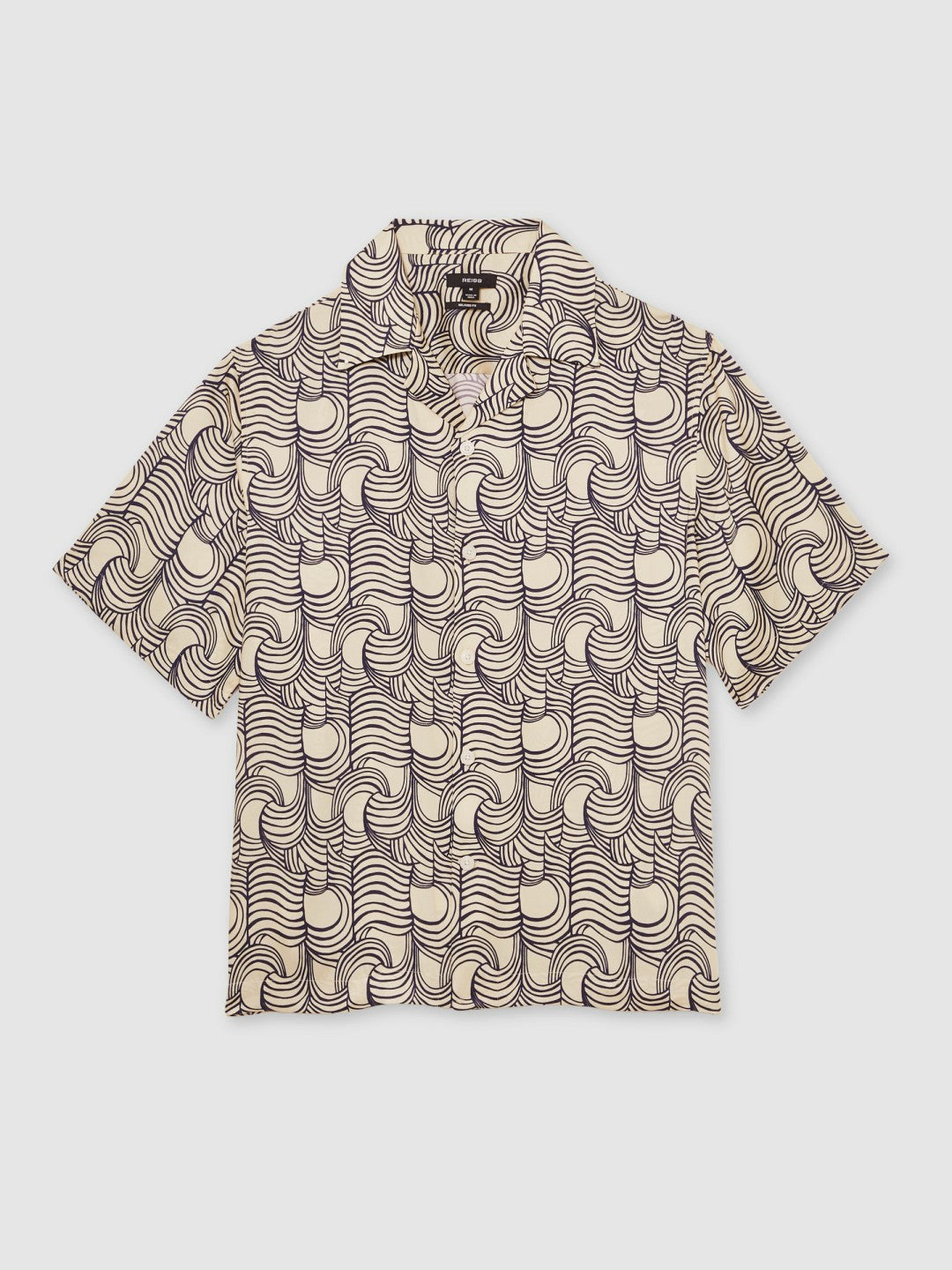 Wave Print Cuban Collar Shirt in Off White/Navy | Reiss Men New