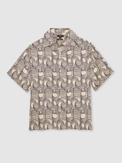 Wave Print Cuban Collar Shirt in Off White/Navy | Reiss Men New