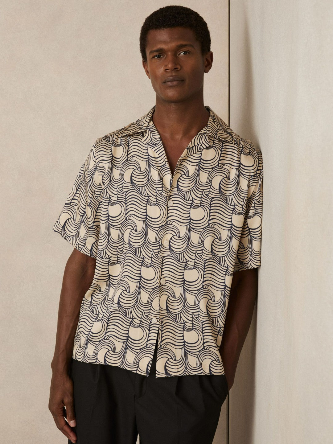 Wave Print Cuban Collar Shirt in Off White/Navy | Reiss Men New