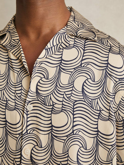 Wave Print Cuban Collar Shirt in Off White/Navy | Reiss Men New