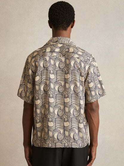 Wave Print Cuban Collar Shirt in Off White/Navy | Reiss Men New