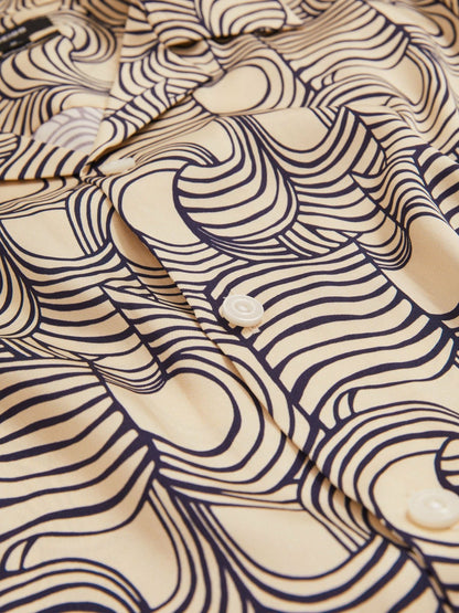 Wave Print Cuban Collar Shirt in Off White/Navy | Reiss Men New