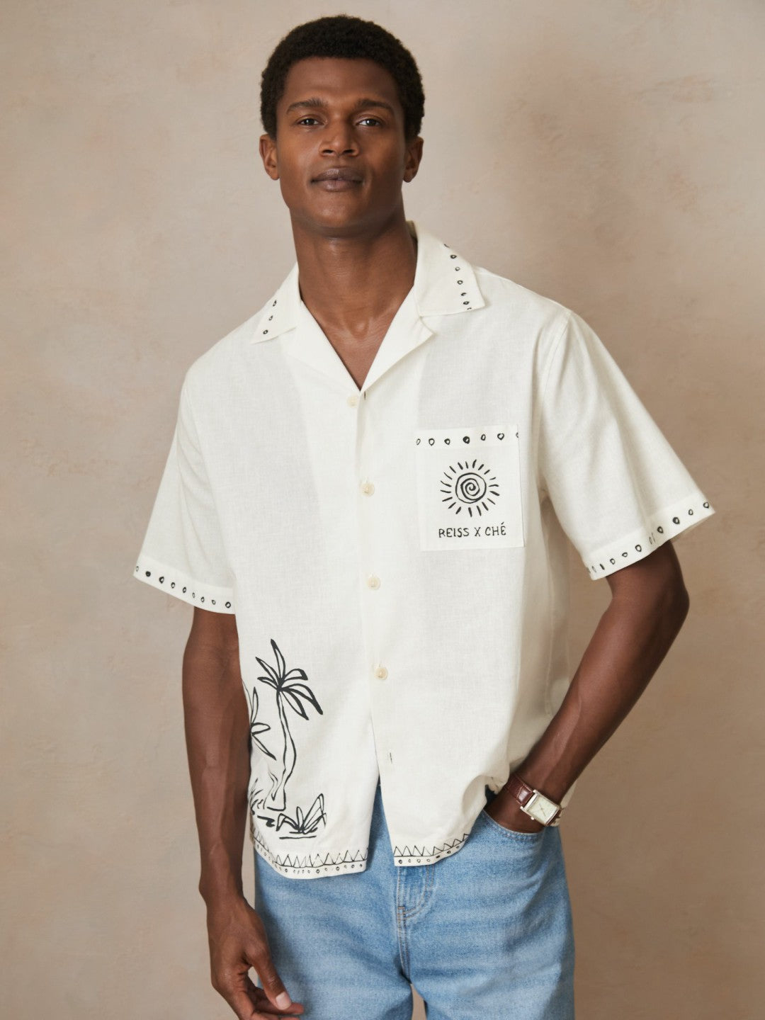 | Ché Cotton-Linen Palm Shirt in White | Reiss Men Trending