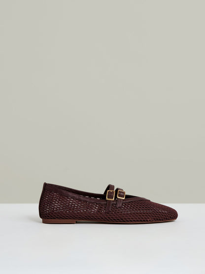 Mesh Double-Strap Ballet Flats in Oxblood | Reiss Women Exclusive