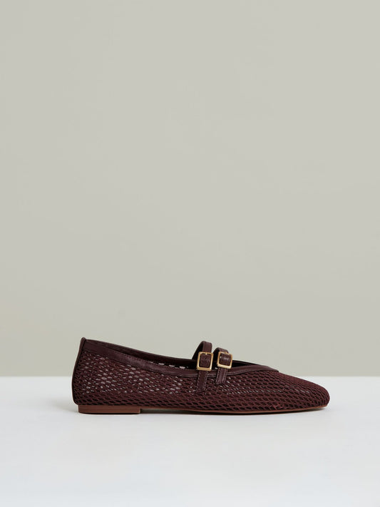 Mesh Double-Strap Ballet Flats in Oxblood | Reiss Women Exclusive