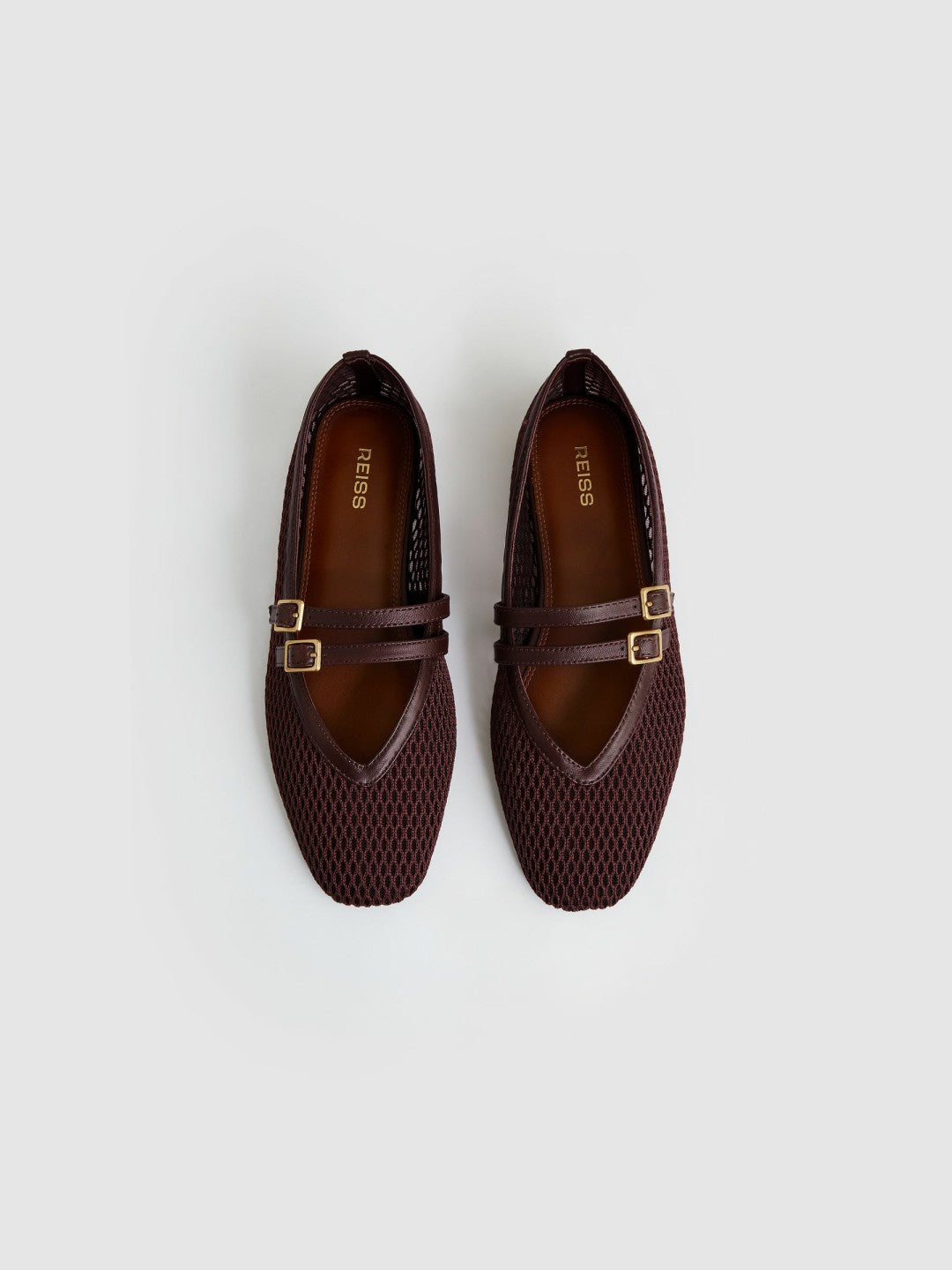 Mesh Double-Strap Ballet Flats in Oxblood | Reiss Women Exclusive