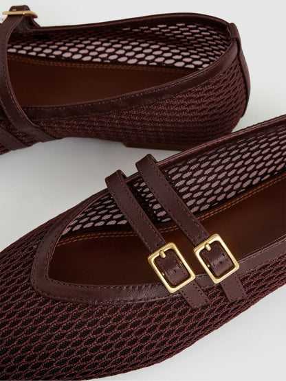 Mesh Double-Strap Ballet Flats in Oxblood | Reiss Women Exclusive