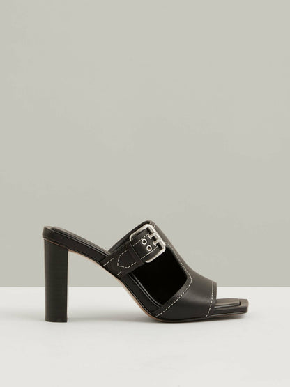 Leather Buckle Block-Heel Sandals in Black | Reiss Women New