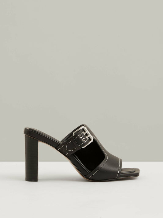 Leather Buckle Block-Heel Sandals in Black | Reiss Women New