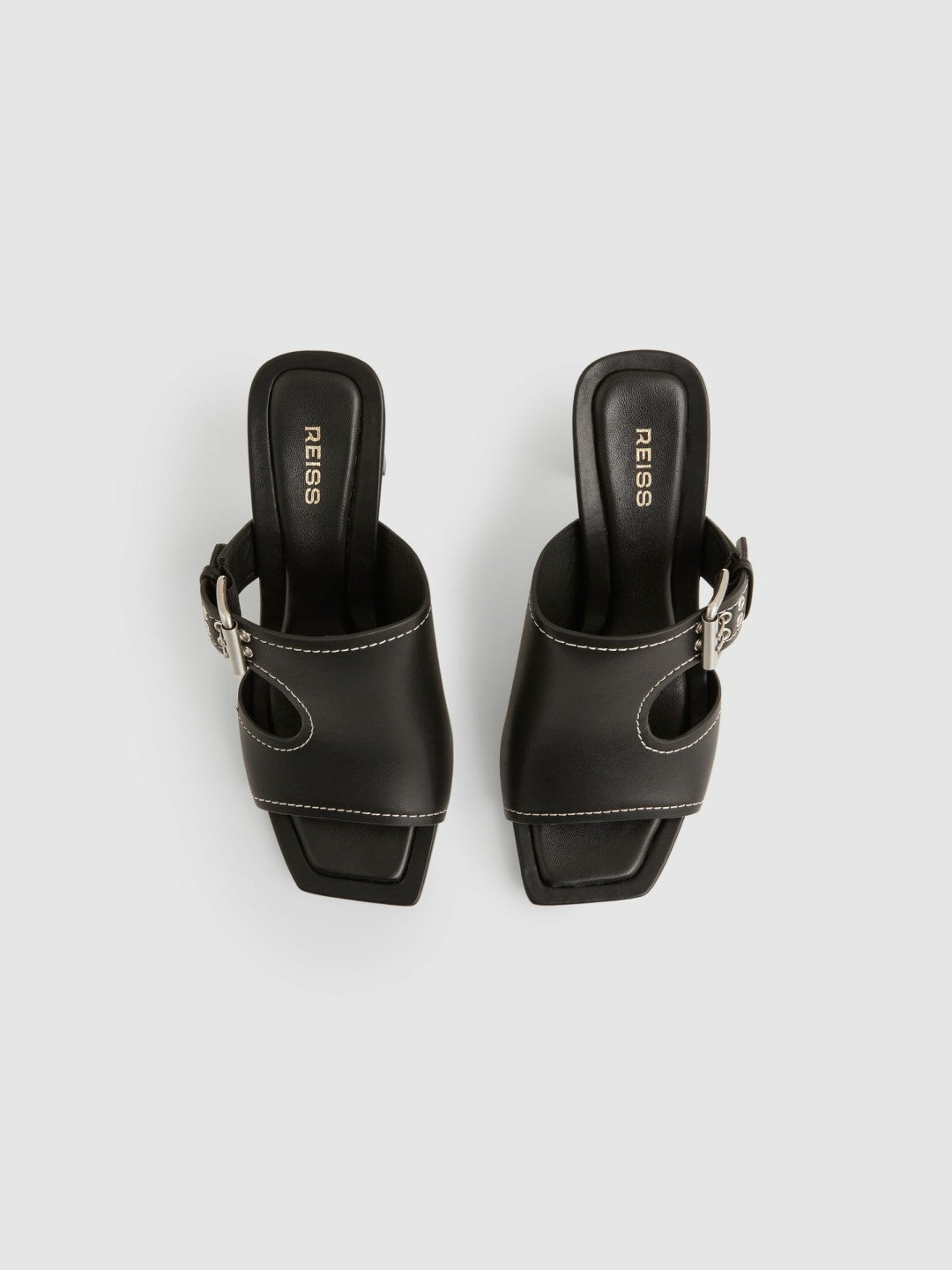 Leather Buckle Block-Heel Sandals in Black | Reiss Women New