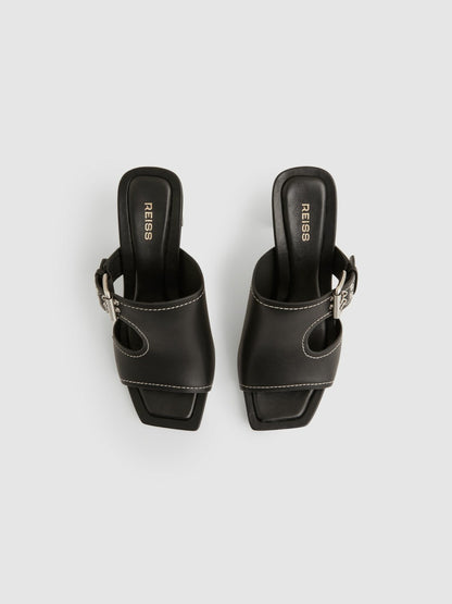 Leather Buckle Block-Heel Sandals in Black | Reiss Women New