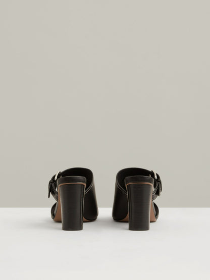 Leather Buckle Block-Heel Sandals in Black | Reiss Women New
