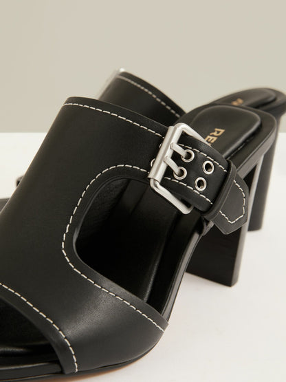 Leather Buckle Block-Heel Sandals in Black | Reiss Women New