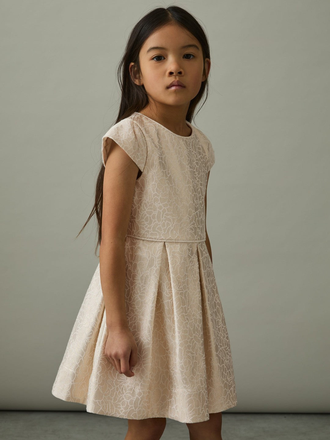 13-14 yrs Brocade Cap-Sleeve Pleated Dress in Ivory | Reiss Children & Baby Recommended