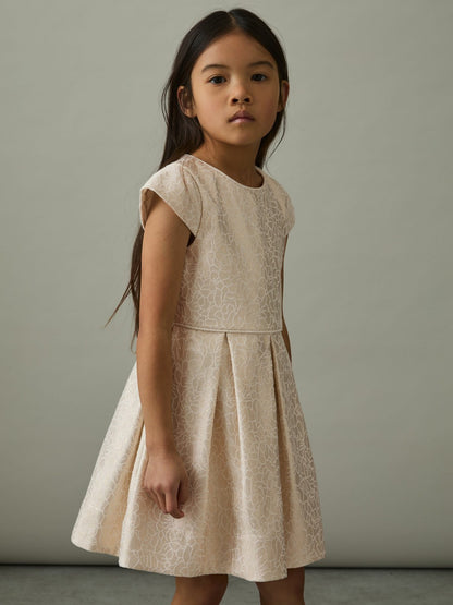 13-14 yrs Brocade Cap-Sleeve Pleated Dress in Ivory | Reiss Children & Baby Recommended