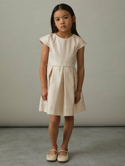 13-14 yrs Brocade Cap-Sleeve Pleated Dress in Ivory | Reiss Children & Baby Recommended