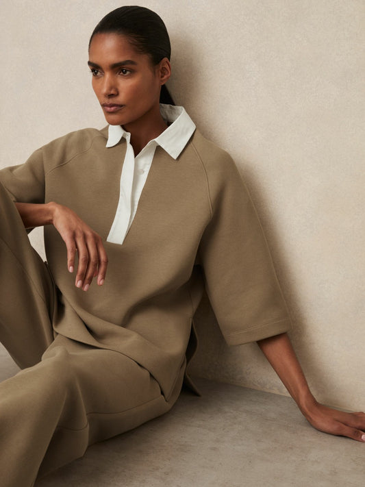 Cotton-Blend Interlock Collar Sweatshirt in Camel | Reiss Women Trending