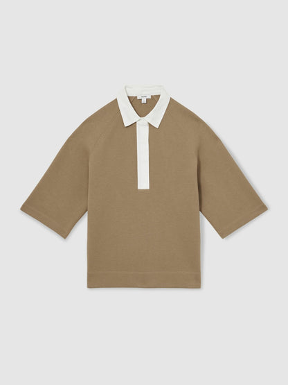 Cotton-Blend Interlock Collar Sweatshirt in Camel | Reiss Women Trending