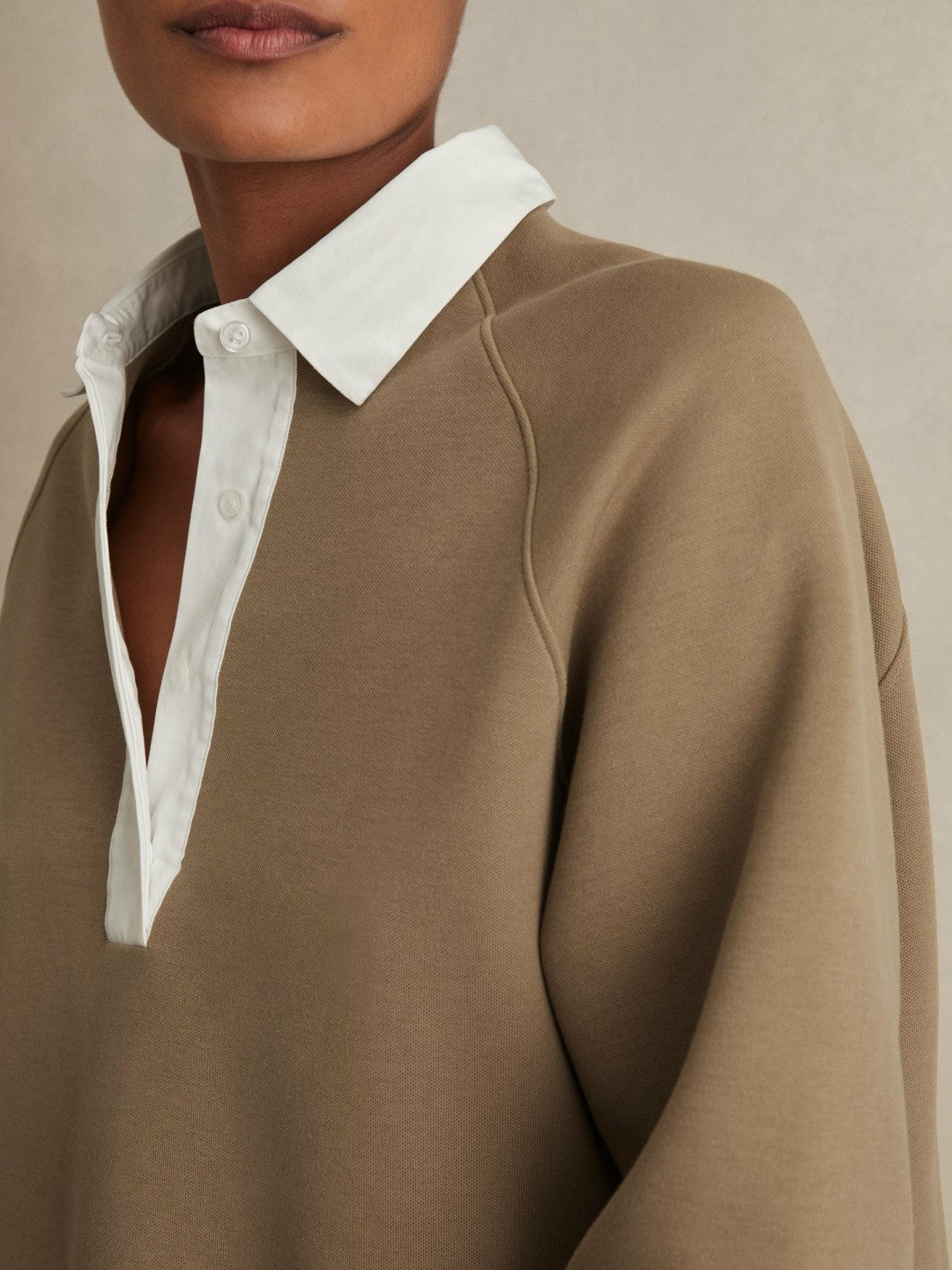 Cotton-Blend Interlock Collar Sweatshirt in Camel | Reiss Women Trending