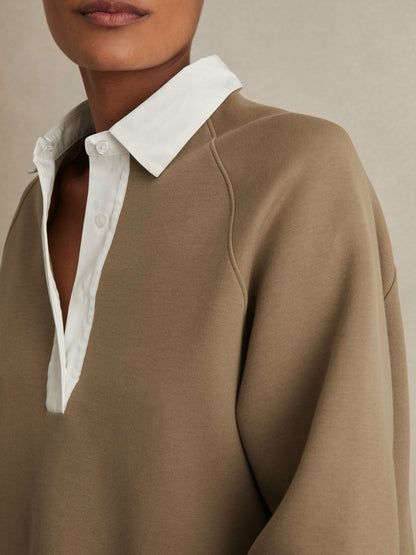 Cotton-Blend Interlock Collar Sweatshirt in Camel | Reiss Women Trending