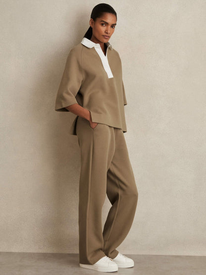 Cotton-Blend Interlock Collar Sweatshirt in Camel | Reiss Women Trending