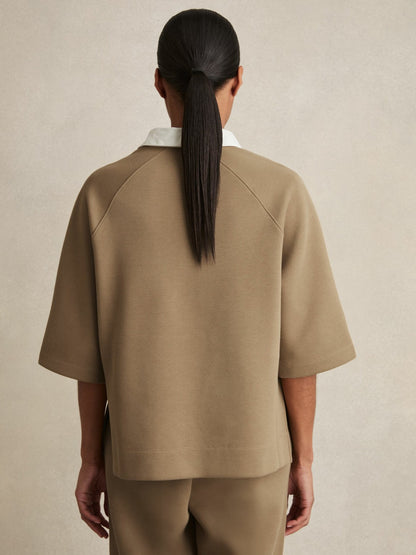Cotton-Blend Interlock Collar Sweatshirt in Camel | Reiss Women Trending