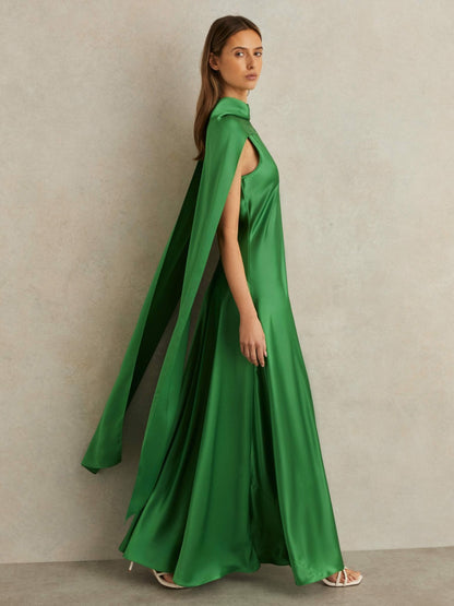 Petite Satin Cape Maxi Dress in Green | Reiss Women New