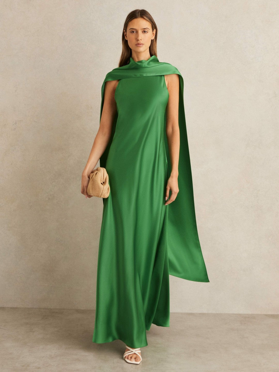 Petite Satin Cape Maxi Dress in Green | Reiss Women New