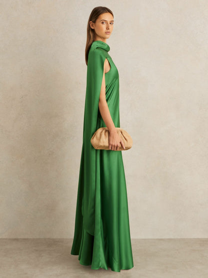 Petite Satin Cape Maxi Dress in Green | Reiss Women New