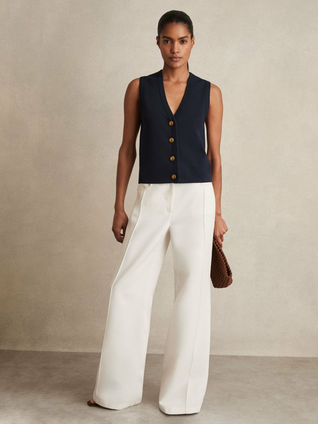 Knitted Button Through Vest in Navy | Reiss Women Premium