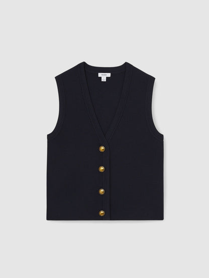 Knitted Button Through Vest in Navy | Reiss Women Premium