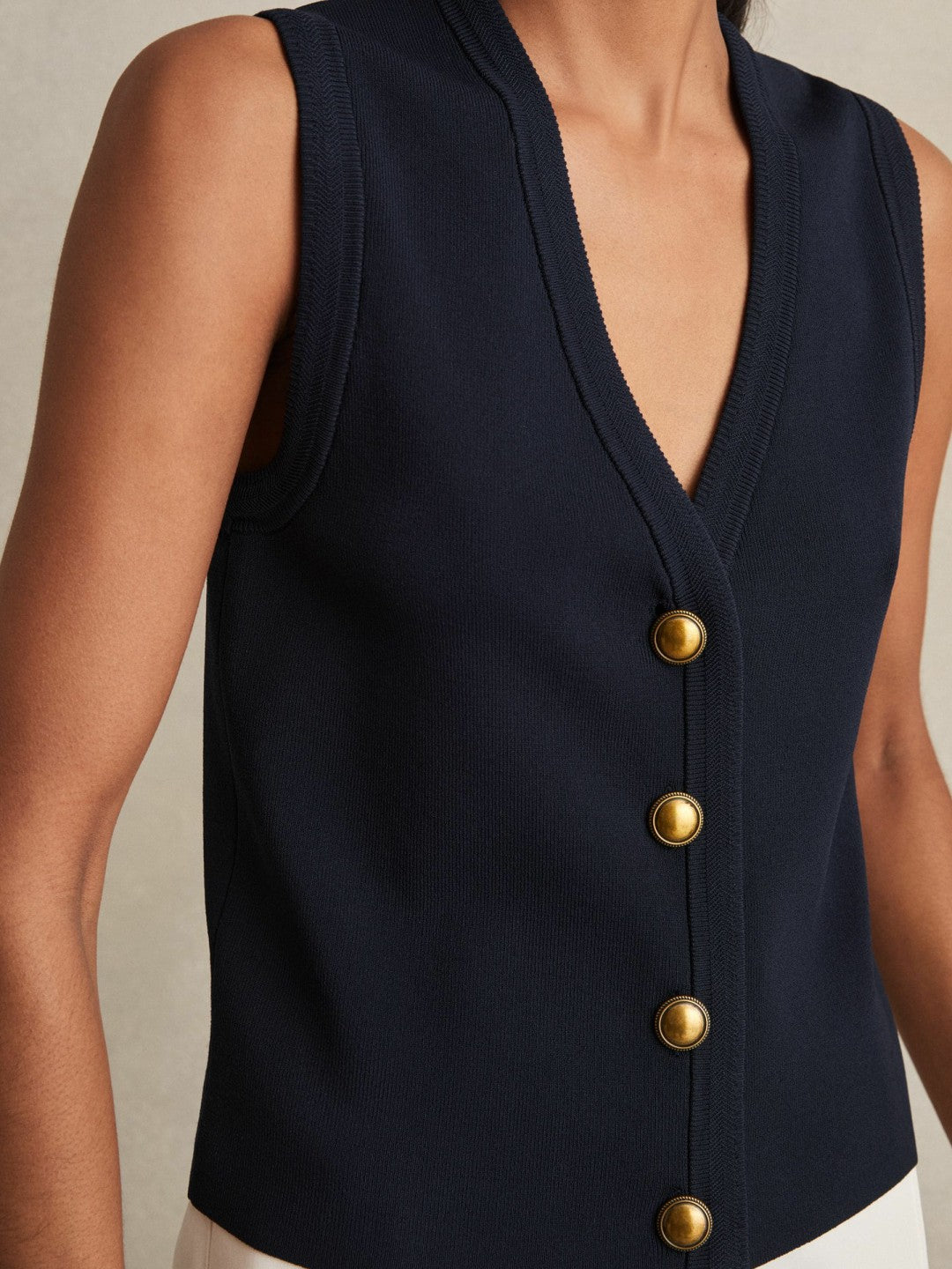 Knitted Button Through Vest in Navy | Reiss Women Premium