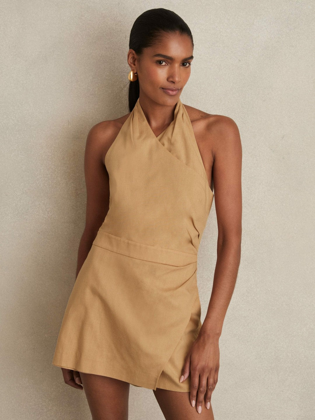 Lyocell Cotton Halter Skort Playsuit in Camel | Reiss Women Recommended