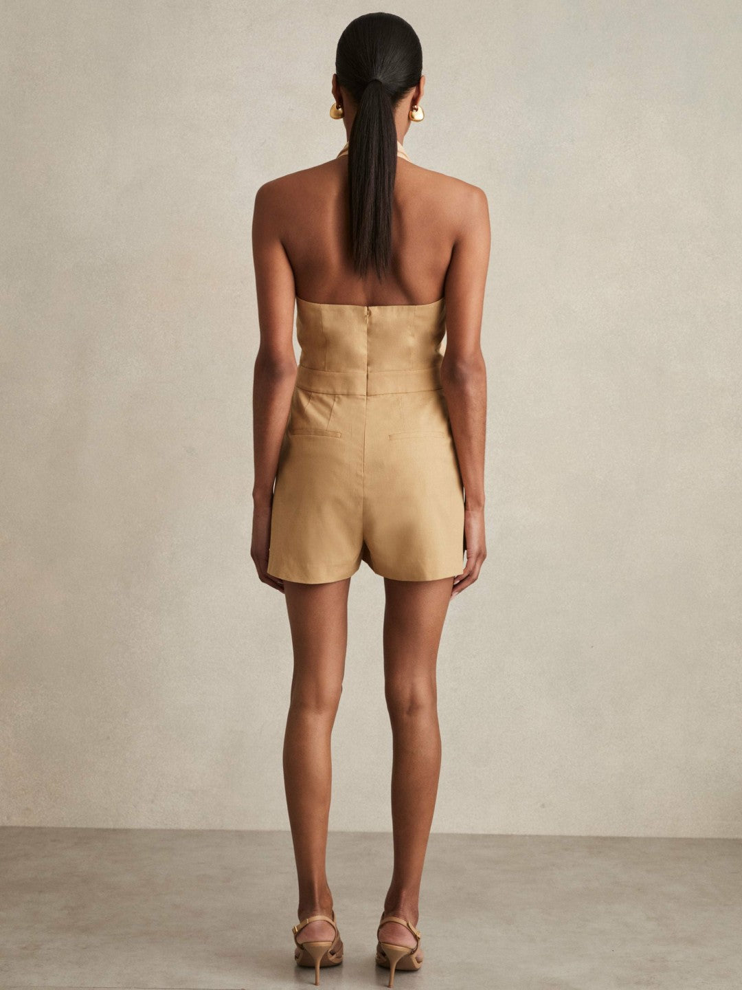Lyocell Cotton Halter Skort Playsuit in Camel | Reiss Women Recommended