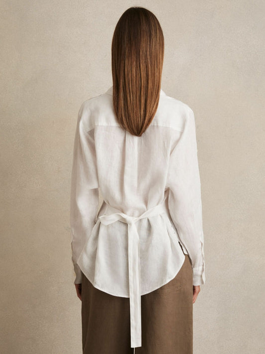 Linen Tie-Back Shirt in White | Reiss Women Signature