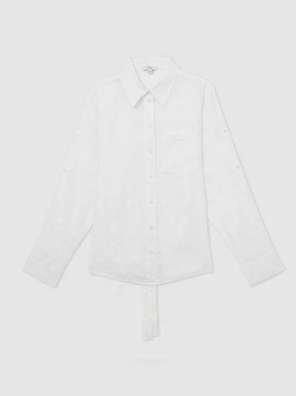 Linen Tie-Back Shirt in White | Reiss Women Signature