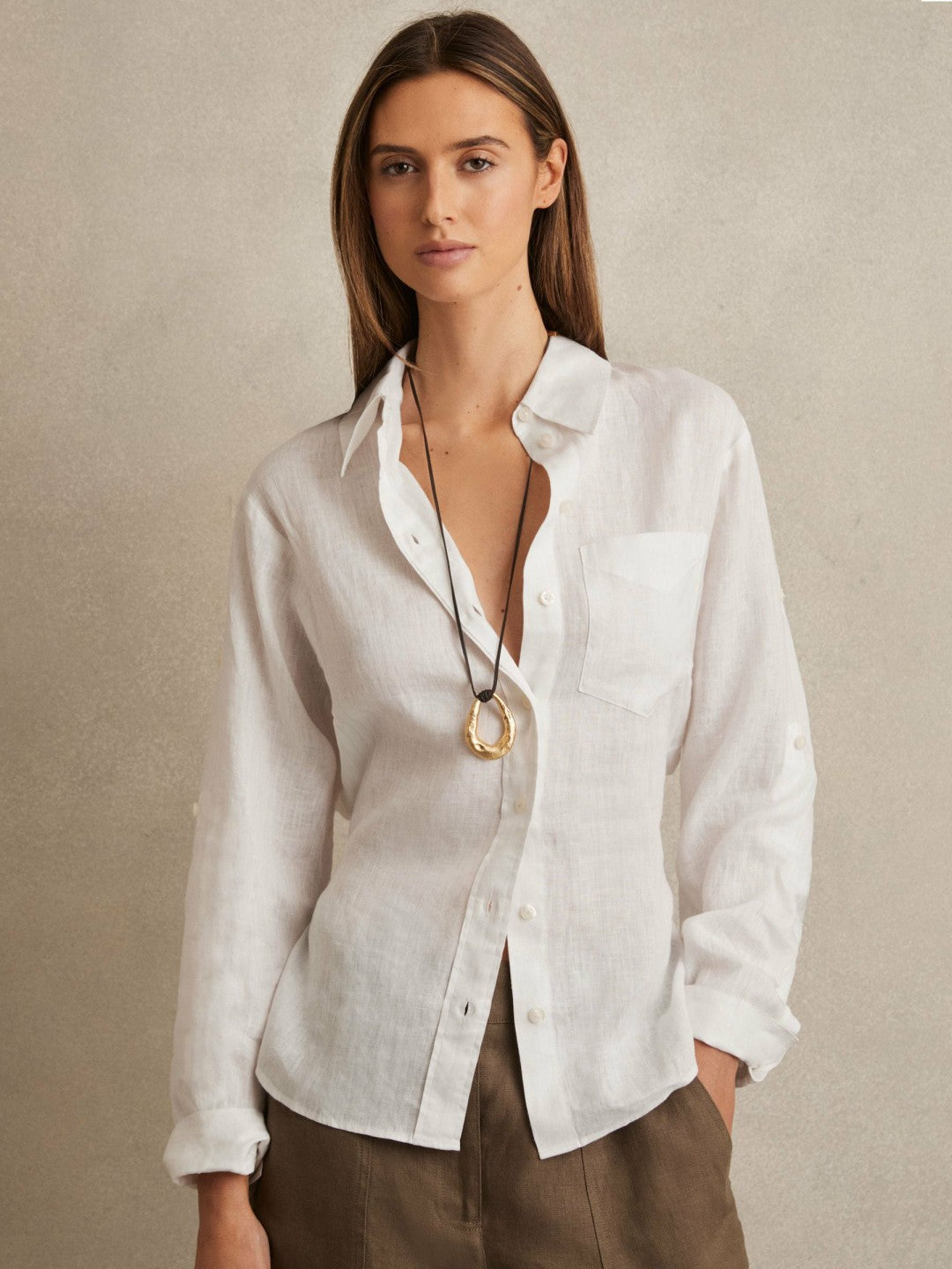 Linen Tie-Back Shirt in White | Reiss Women Signature