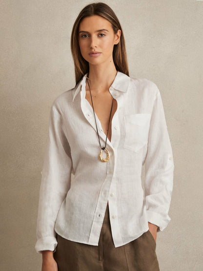 Linen Tie-Back Shirt in White | Reiss Women Signature