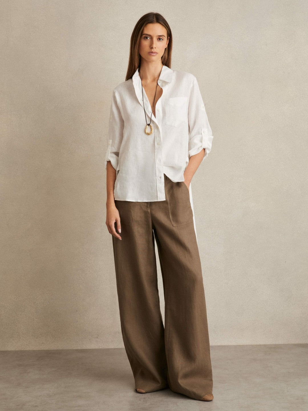 Linen Tie-Back Shirt in White | Reiss Women Signature